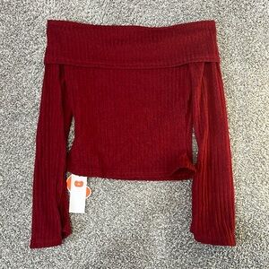 Off-shoulder Solid Long Sleeve Top